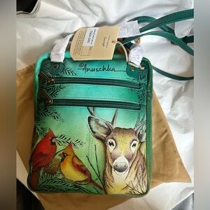 NWT Anuschka‎ Hand Painted Leather Crossbody Bag Deer Cardinals